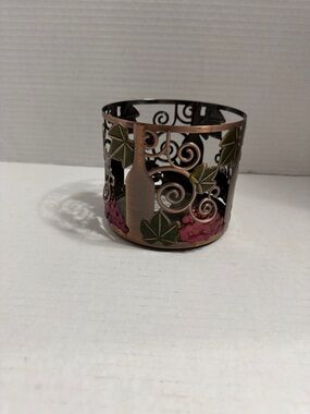 Copper-Finish Wine Bottle Candle Holder with Green Leaves and Pink Grapes